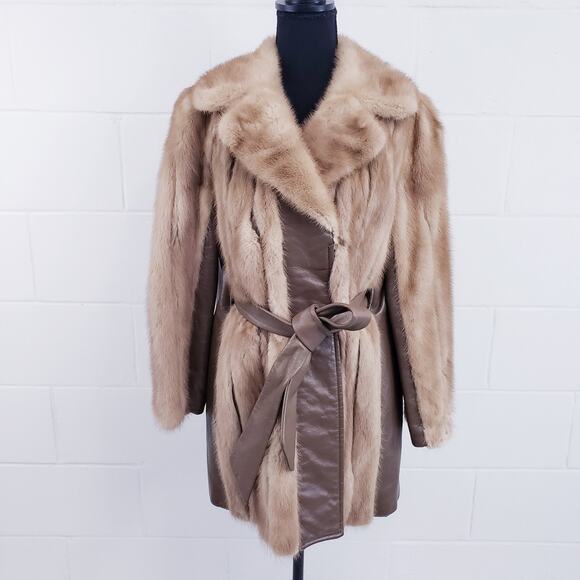 Vintage Tan Mink Leather Trim Coat Mid-Length 1960s Fur Coat - Picture 2 of 15